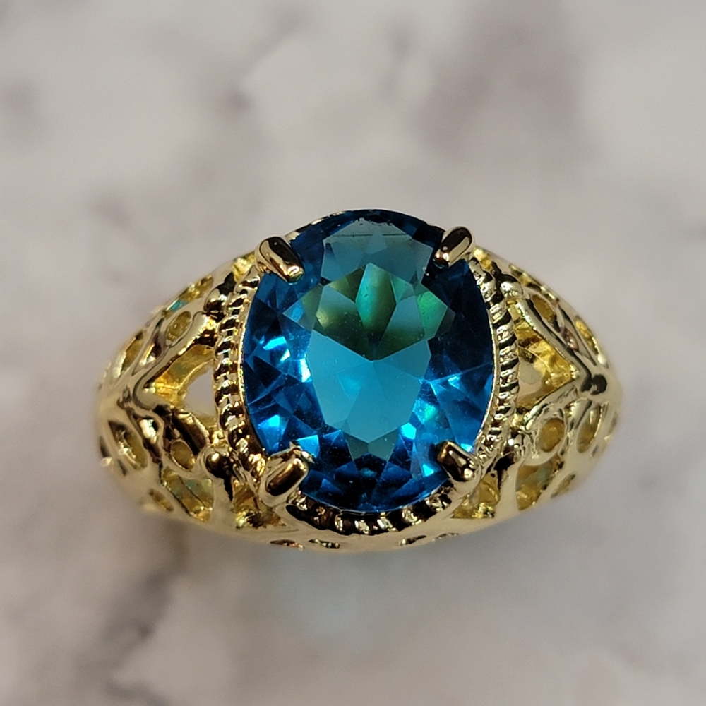 Simulated Icy Blue Topaz Filigree Gold Tone Butterfly Ring
